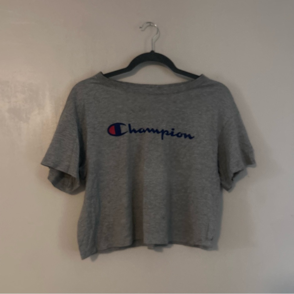 Champion Gray Cropped Logo Tee with Navy & Red Accent